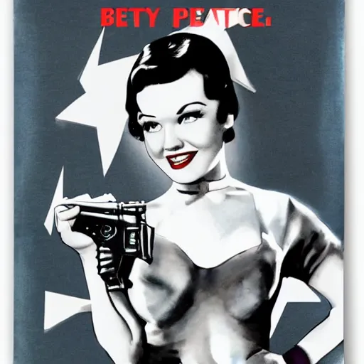 Prompt: betty page fully clothed in a suit holding a handgun, movie poster by kyle lambert