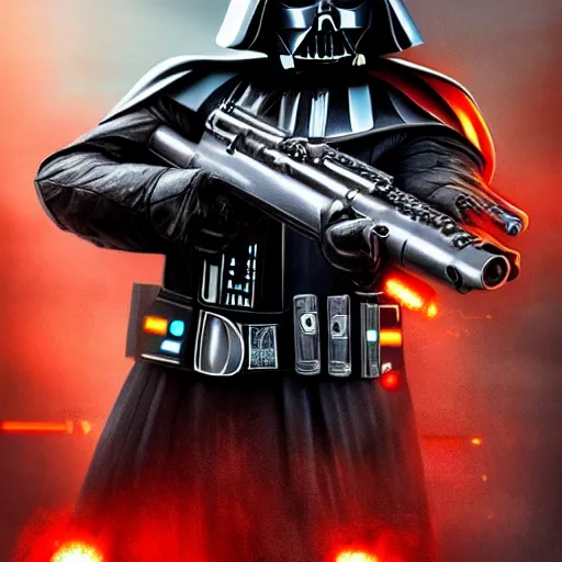 Image similar to hyperrealistic portrait of gothic cyberpunk darth vader holding a machine gun, 4 k, highly detailed, beautifully rendered