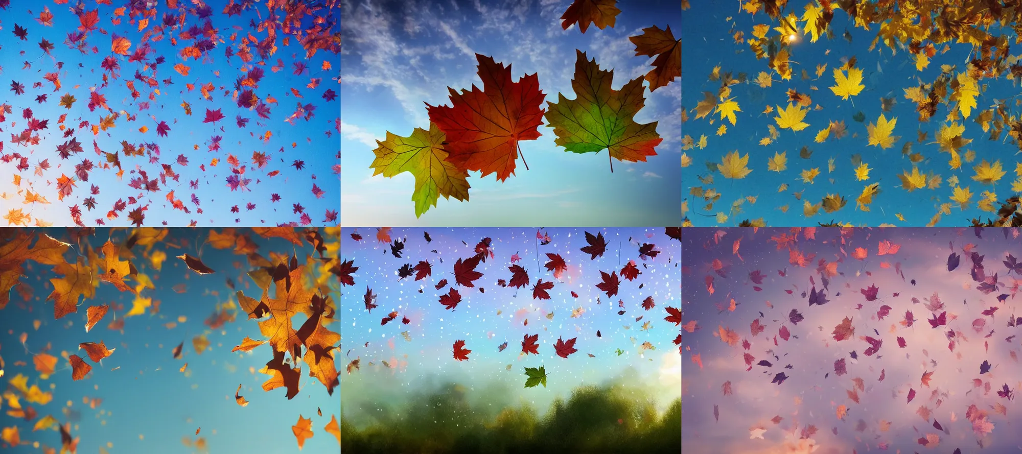 Prompt: magical leafs falling, sky background, by greg rutkwosi, photorealistic, highly detailed, bokeh, lightshafts, pastel colors, artstation