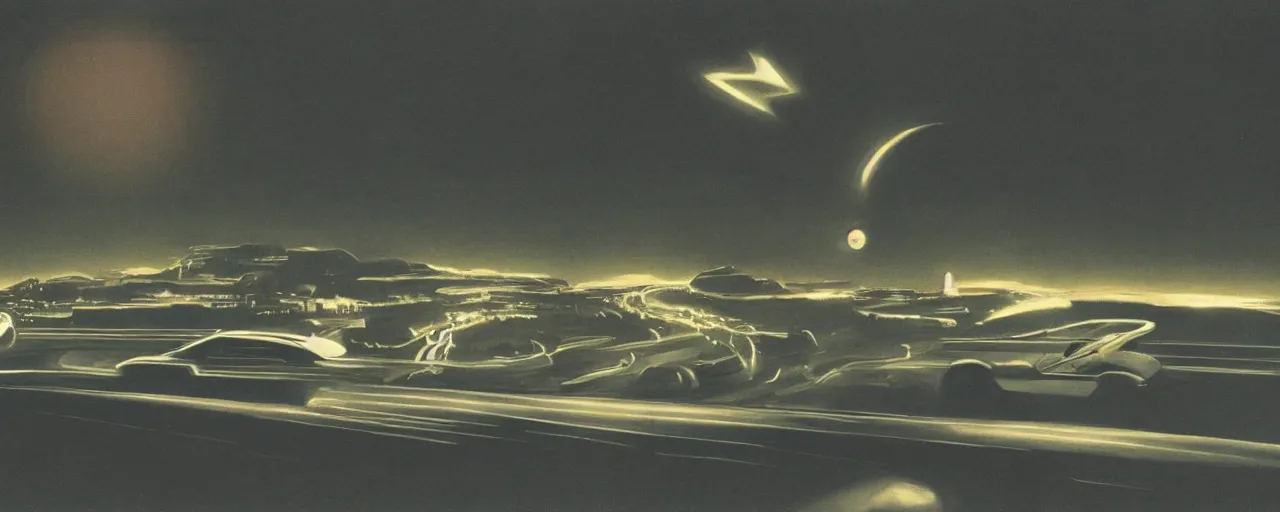 Image similar to a man driving a car in the dark, a screenshot by Chesley Bonestell, featured on cg society, les automatistes, reimagined by industrial light and magic, cinematic lighting, movie still