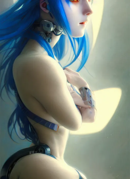 Image similar to beautiful anime cyborg woman, blue hair, blue light, diffuse lighting, fantasy, intricate, elegant, highly detailed, lifelike, photorealistic, digital painting, artstation, illustration, concept art, smooth, sharp focus, art by John Collier and Albert Aublet and Krenz Cushart and Artem Demura and Alphonse Mucha