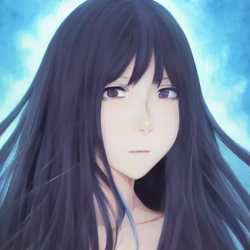 An anime girl with black hair and blue highlights. her hair is long and  straight. her eyes are amber