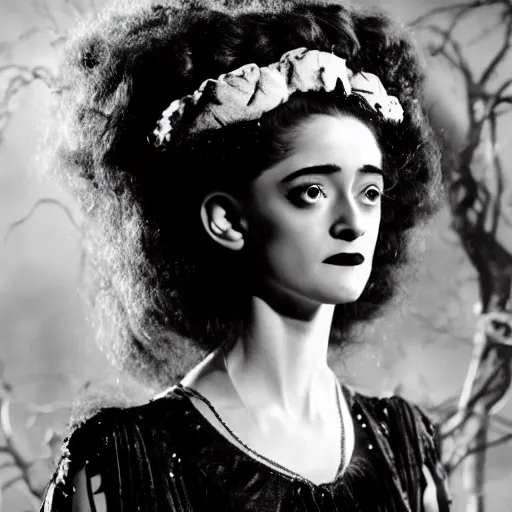 Image similar to natalia dyer as the bride of frankenstein ( 1 9 3 5 ), black and white