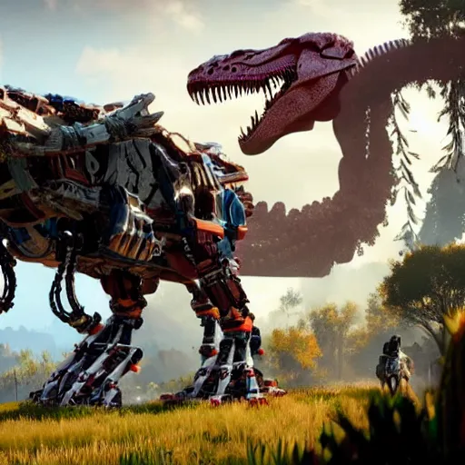 Image similar to cinematic still of horizon zero dawn, si - fi robotic tyrannosaurus rex, highly detailed