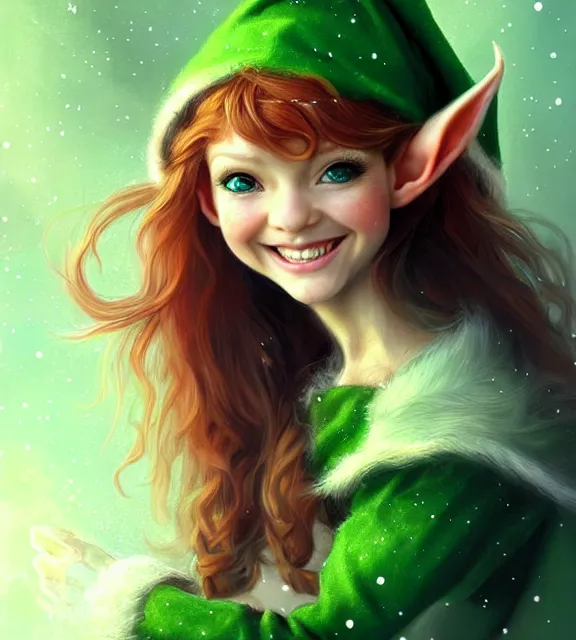 Prompt: cute elf smiling in santa's workshop, perfect face, symmetrical eyes, green clothes, auburn hair, cinematic, blush, stunning, elegant, highly detailed, psychedelic, digital painting, artstation, smooth, hard focus, illustration, art by jessica rossier and and brian froud