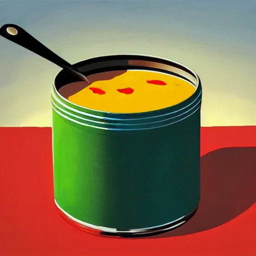 Image similar to In this painting, the artist has used a photo-realist style to depict a can of soup. The can is placed on a plain background, and the artist has used bright, primary colors to create a striking image. The painting is both realistic and abstract brutalism, Prada by Pascale Campion, by Steve Hillier 3d render