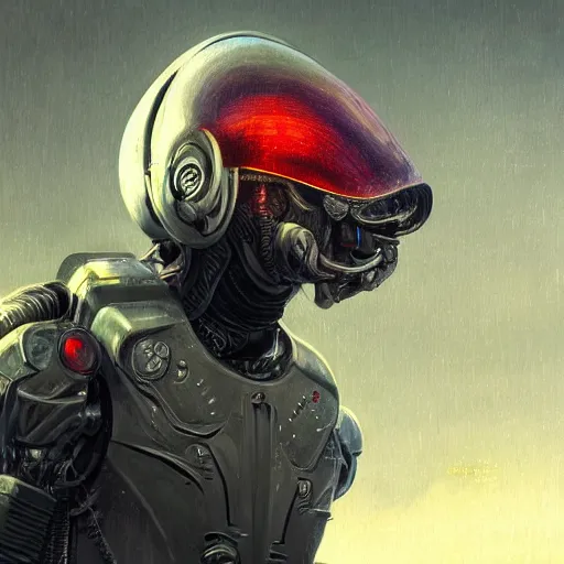 Prompt: ultra realist and ultra intricate detailed soft painting of a sci fi praying mantis from the waist up, sci-fi helmet, symmetry features, sensual gloomy style, volumetric clouds, cyberpunk burning building background, artstation, unreal render, depth of field