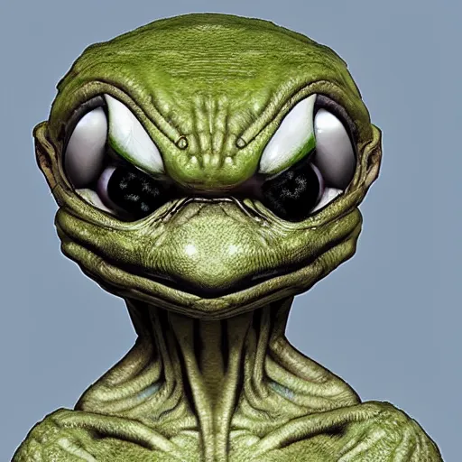 Image similar to pepe as alien game character, 3d, realistic, hyper details, dramatic light, wide angle, artstation