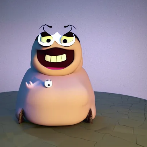 Image similar to ominous mrs puff staring into your soul with realistic, slimy, scary, ambient lighting, rendered in blender, horror, gloomy, dark, terrifying, terror, frightful, super detailed octane render,