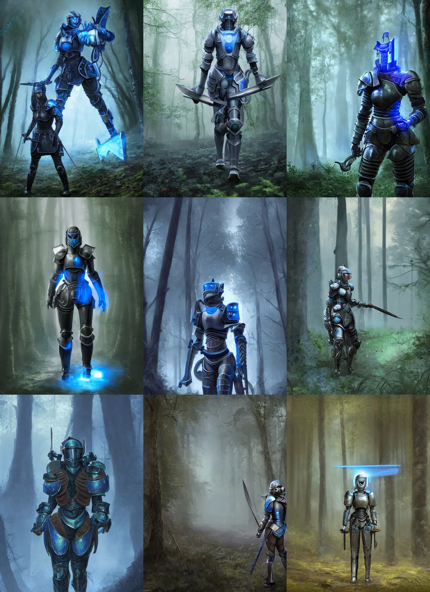 Prompt: a matte painting of a female knight with glowing blue eyes wearing battle worn mechanical armor wielding twin swords walking through the forest plains of north yorkshire, misty forest, apex legends armor, good value control, concept art, digital painting, sharp focus, symmetrical, segmented armor, single character full body, 4k, illustration, rule of thirds, sci-fi, elden ring, centered, moody colors, moody lighting, atmospheric