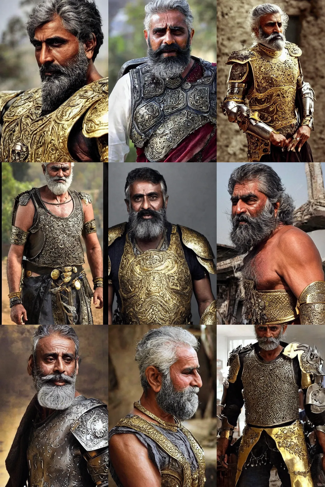 Prompt: old gigachad with grey beard, messy short hair, many scars, wearing intricate gold armour. bollywood action movie still.