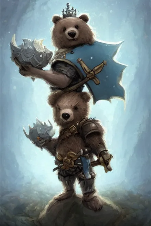 Image similar to cute little anthropomorphic bear knight wearing a cape and a crown, tiny, small, miniature bear, baby animal, short, pale blue armor, cute and adorable, pretty, beautiful, DnD character art portrait, matte fantasy painting, DeviantArt Artstation, by Jason Felix by Steve Argyle by Tyler Jacobson by Peter Mohrbacher, cinematic lighting