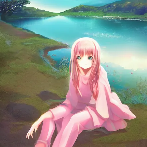 Prompt: Soft blur, digital art, anime, advanced digital art, girl sitting at the edge of a cliff overlooking a lake filled with sakura petals, light reflected on her face. —W 1024 —H 1024
