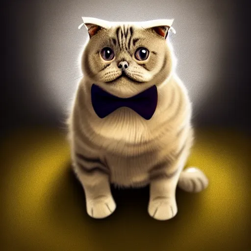 Image similar to a cute chubby Scottish fold cat with bow tie portrait, partially clothed in metal-plated battle armor, face centred, atmospheric lighting, painted, intricate, volumetric lighting, beautiful, golden hour, sharp focus, ultra detailed, by Leesha Hannigan, Ross Tran, Thierry Doizon, Kai Carpenter, Ignacio Fernández Ríos