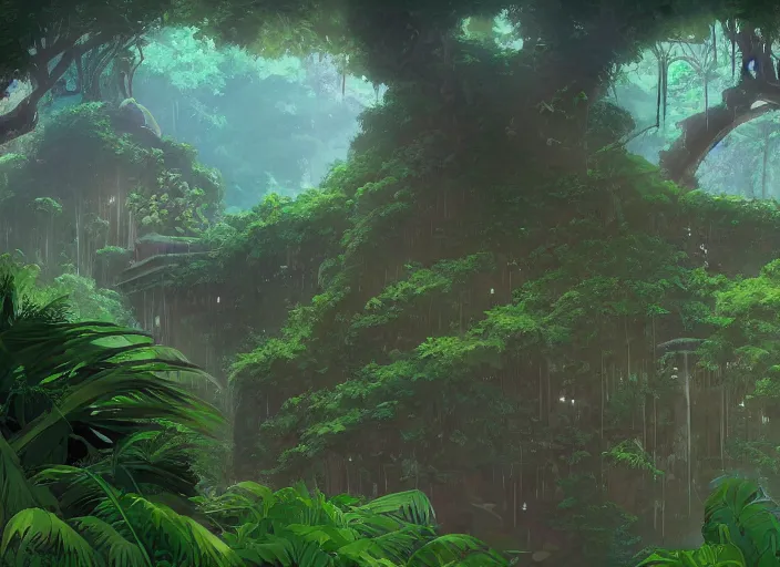 Prompt: a lost temple deep in the jungle, overgrown with vines and trees by makoto shinkai, digital art