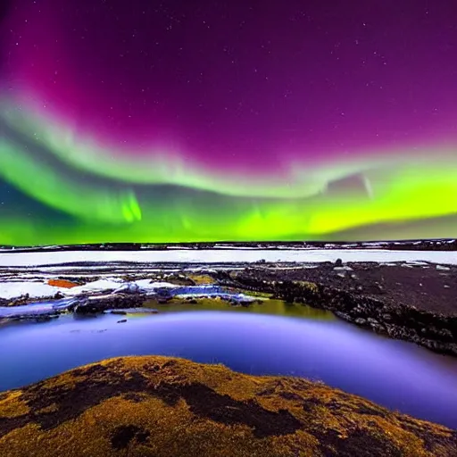 Prompt: summer iceland astrophotography, beautiful night sky, aurora borealis, award winning photograph, national geographic