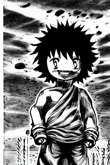 Image similar to attractive salvage little boy in lion suit, black and white artwork made by kentaro miura and yoshihiro togashi