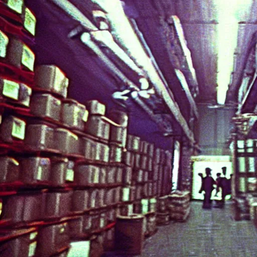 Prompt: grainy security cam footage still of Willy Wonka in his Chocolate Factory, extreme wide angle