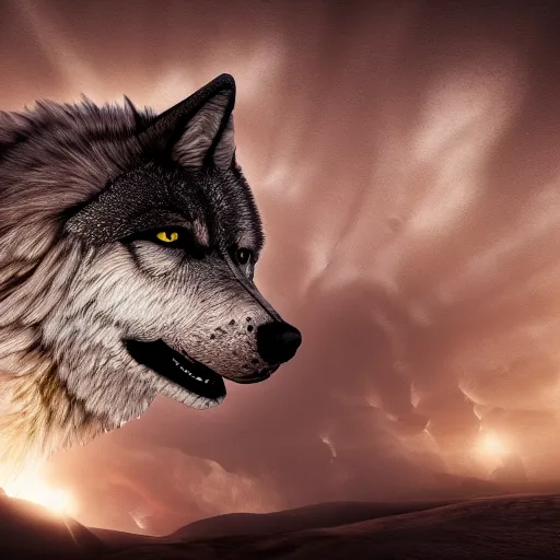 Prompt: of beksinki sky and fantasy desert on the theme and shape of a wolves head epic cinematic lighting ultra detailed 8 k hi res