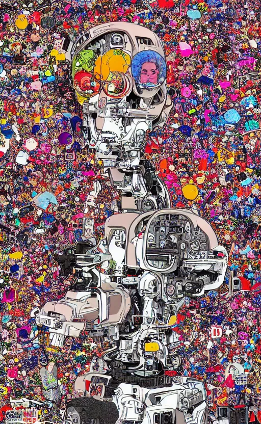 Prompt: a colorful illustration of the end of human species surpressed by artificial intelligence in style of katsuhiro otomo