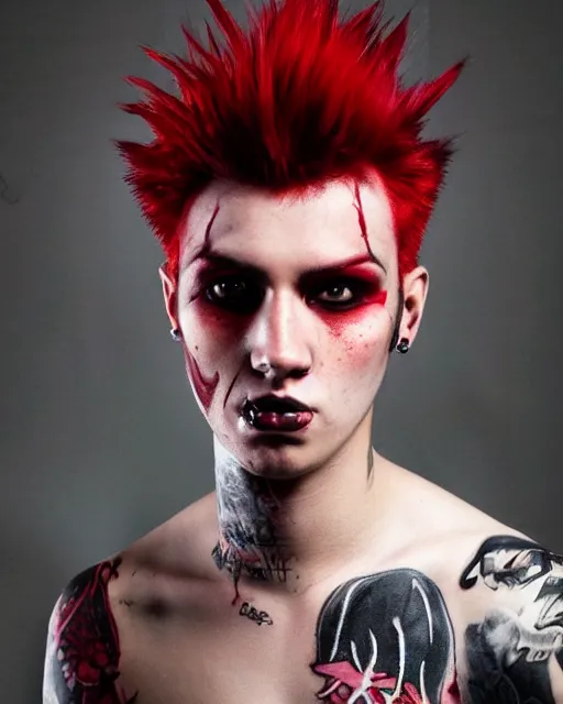 Image similar to young man with a short red dyed mohawk, red irises and a slim face, piercings, dressed in crustpunk clothing, headshot, attractive, handsome, model, trending on artstation, high quality art, character design, realism art, award winning art, in color, no makeup, no tattoos