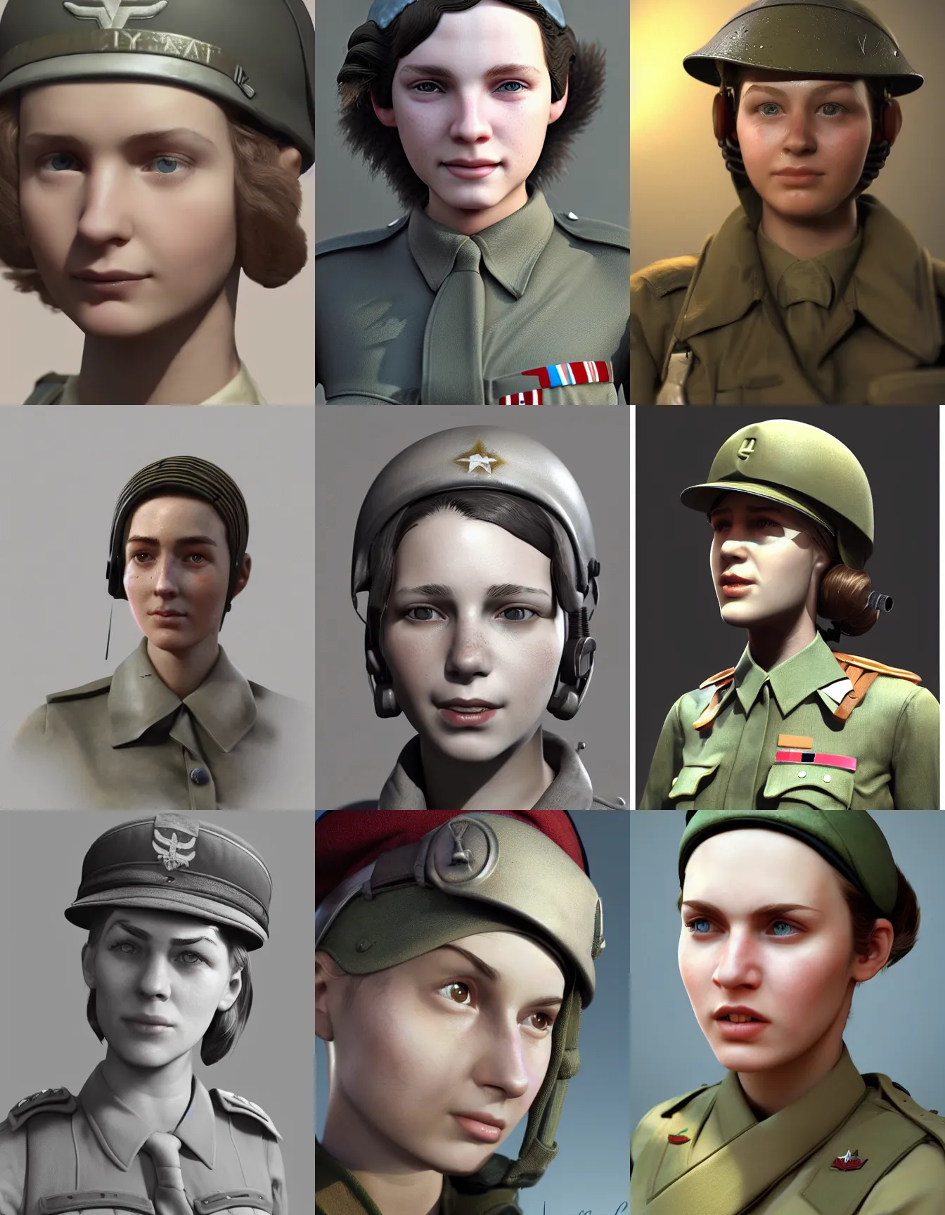 Prompt: young female ww 2 soldier, octane render, cgsociety, artstation trending, rembrandt