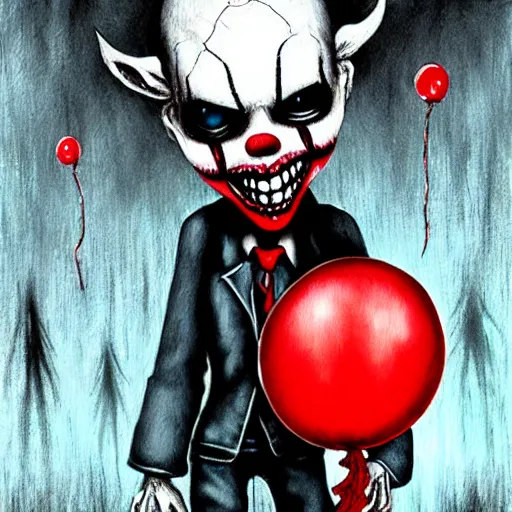 Image similar to grunge painting of a wendigo with a wide smile and a red balloon by chris leib, loony toons style, pennywise style, corpse bride style, horror theme, detailed, elegant, intricate