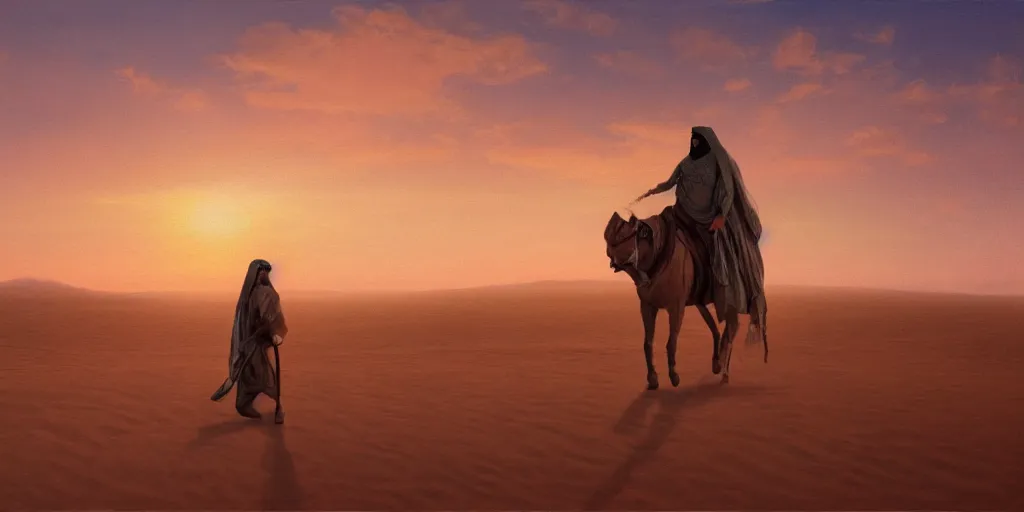Image similar to an arabian knight walking in the desert alone durning a beautiful sunset on the horizon, oil on canvas, very detailed matte painting,