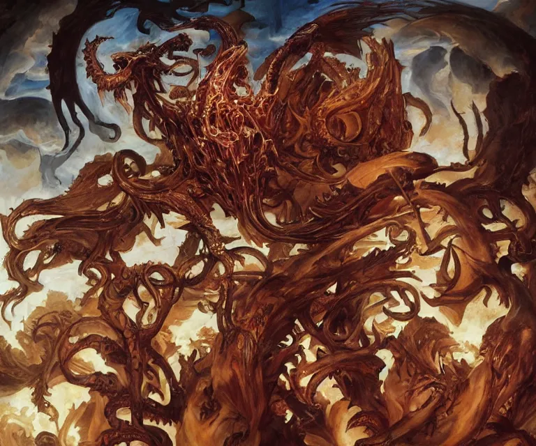 Prompt: elegant renaissance painting of rooster final boss bodybuilder vecna battle, art by alex ross and peter mohrbacher, epic biblical depiction, flesh and bones, fangs, teths and tentacles, corpses and shadows!