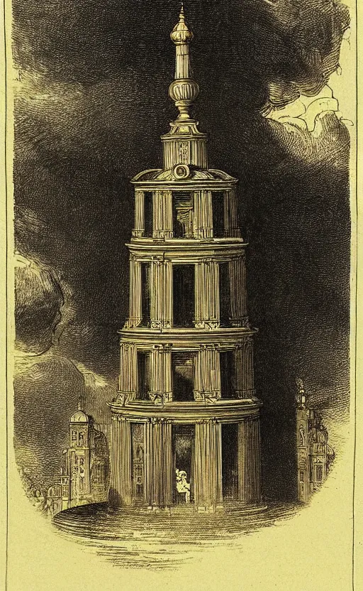 Prompt: neoclassical tower with dome next to palace and a fountain. battle angel alita. by rembrandt 1 6 6 7, illustration