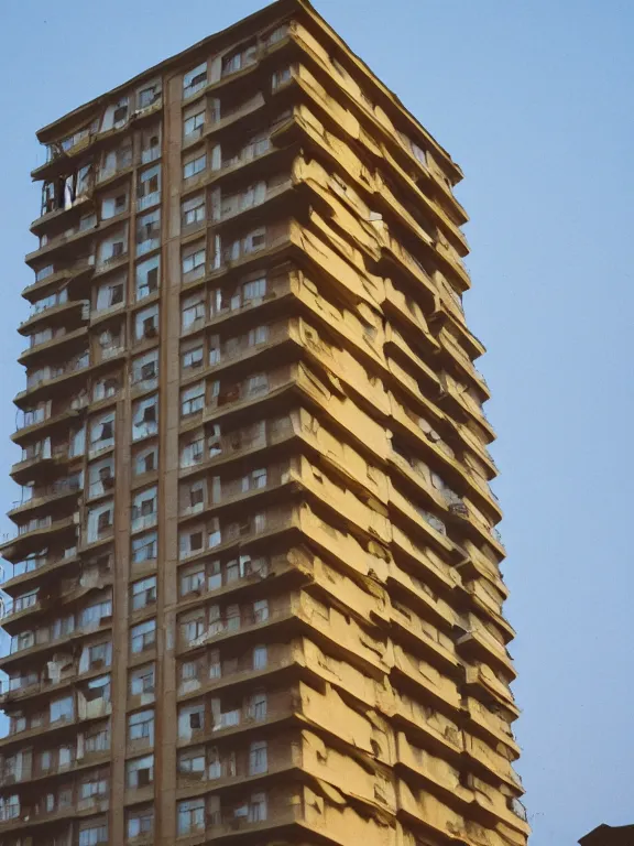 Prompt: photo of a soviet panel residential low height building, extreme wide shot, golden hour, kodak gold 2 0 0, side - view