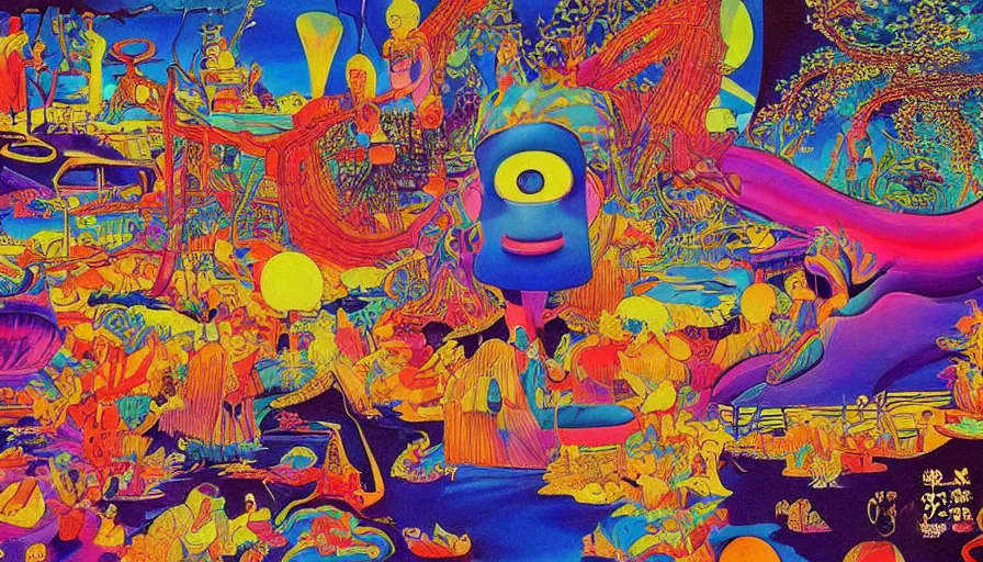 Prompt: Japan travel and tourism c2050, surrealist psychedelic painting in the style of Thom Wasselmann, Terry Pastor, Yoshio Awazu, vivid color