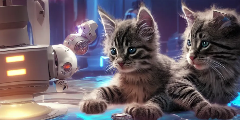 Image similar to a d rendered movie still a cute robotic kitten with rgb ambient lighting implants. the robot maine coon kitten. in the background is a cyberpunk cat tree with rgb dramatic lighting. science fiction blockbuster movie from the future, imax 7 0 mm. octane 3 d render, style of mandalorian ( american space western television series )