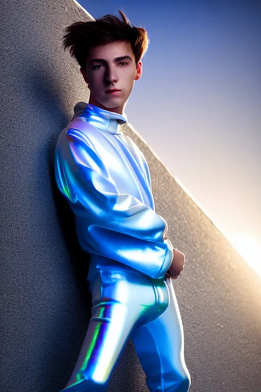 Image similar to un ultra high definition studio quality photographic art portrait of a young man standing on the rooftop of a british apartment building wearing soft baggy inflatable padded silver iridescent pearlescent clothing. three point light. extremely detailed. golden ratio, ray tracing, volumetric light, shallow depth of field. set dressed.