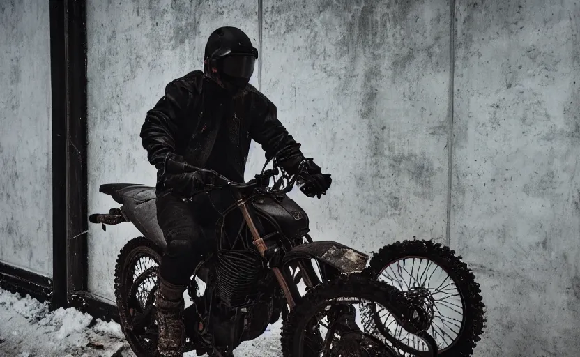 Image similar to cinestill 5 0 d candid photographic portrait by helen levitt of britt lower wearing rugged black mesh techwear on a dirtbike through an abandoned mall, extreme closeup, modern cyberpunk moody emotional cinematic, snow storm, 8 k, hd, high resolution, 3 5 mm, f / 3 2, ultra realistic faces, ex machina