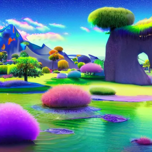 Image similar to Shots of an unreleased spiritual Pixar movie, landscape, 8K, photorealistic, high cohesiveness, psychedelic, concept art, vaporwave