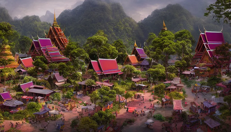 Image similar to matte painting of a beautiful thai village, digital art, trending on artstation