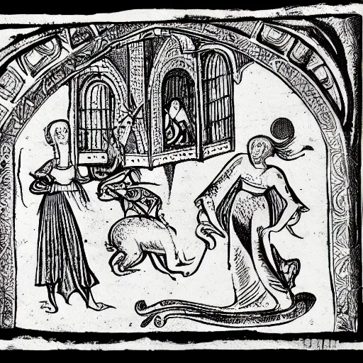 Prompt: a medieval book illustration of a woman and a rabbit dancing at a party