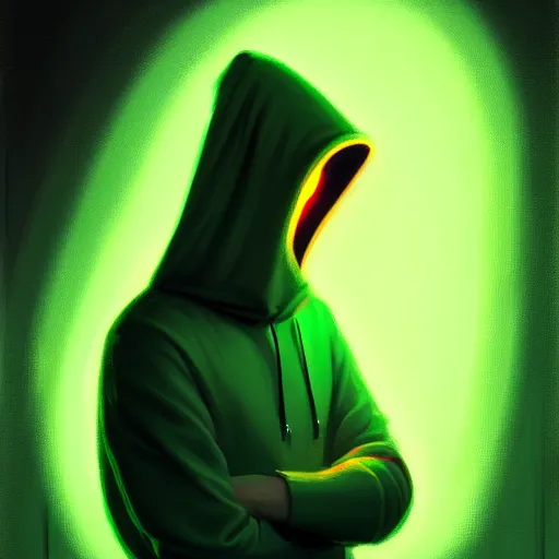 Prompt: portrait of a programmer with green hood by greg rutkowski, neon light