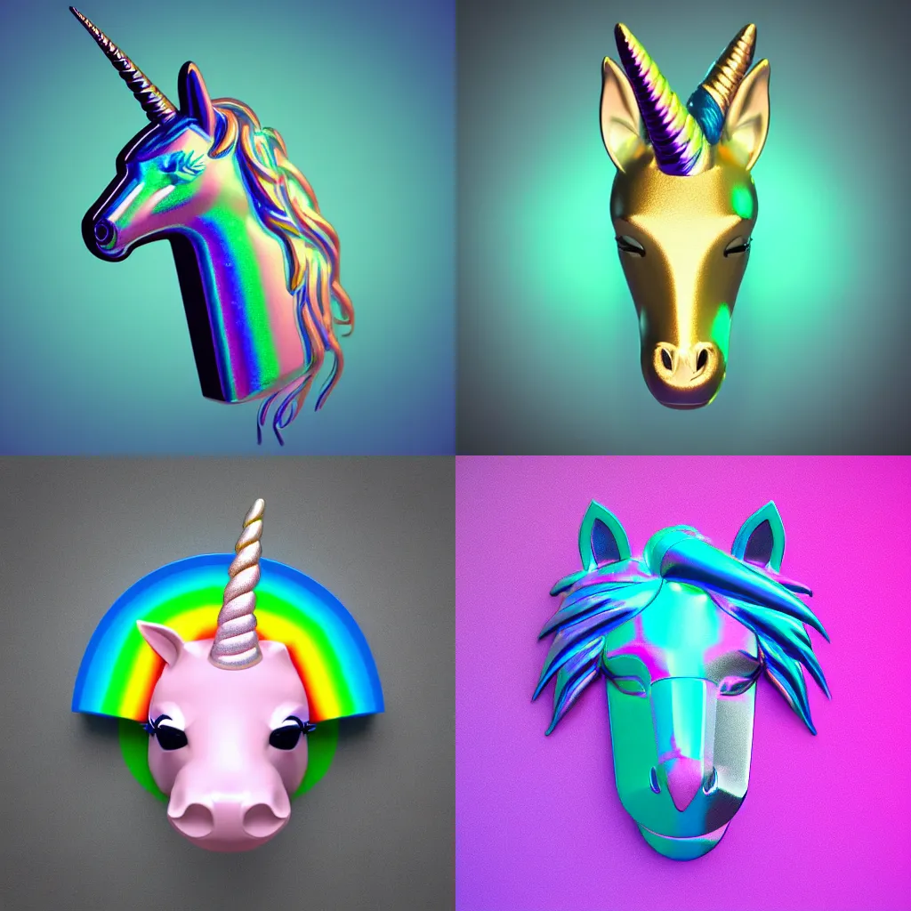 Prompt: icon of a cute unicorn head in metallic rainbow iridescent material, 3D render isometric perspective rendered in Cinema 4D on dark background