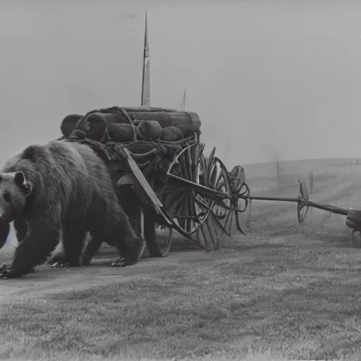 Prompt: a picture of a enormous bear pulling a towed cannon like a chariot, eastern front, historical picture