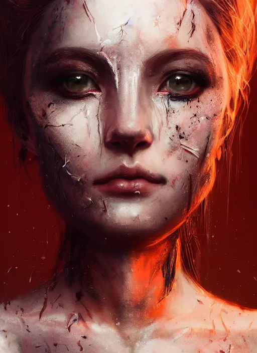 Image similar to A fancy portrait of a beautiful queen covered scars by Greg Rutkowski, Sung Choi, Mitchell Mohrhauser, Maciej Kuciara, Johnson Ting, Maxim Verehin, Peter Konig, Bloodborne, 8k photorealistic, cinematic lighting, HD, high details, dramatic, atmospheric , trending on artstation