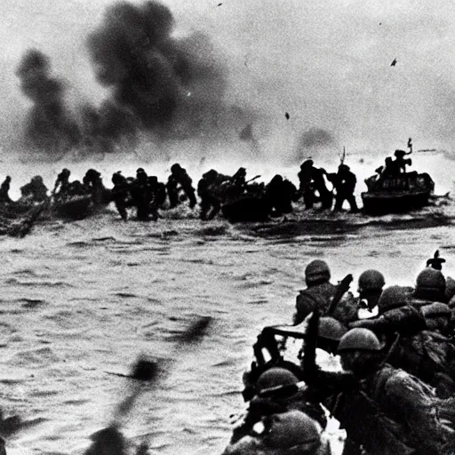 Image similar to go pro footage of d - day invasion, violent, blood, realistic