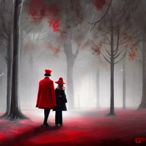 Prompt: a highly detailed epic cinematic concept art, a thin man in a black coat and bowler hat talks with small young girl who is dressed in a red coat and a red hat, park, autumn, wide angle, high detail, in style of Greg Rutkowski, width 768