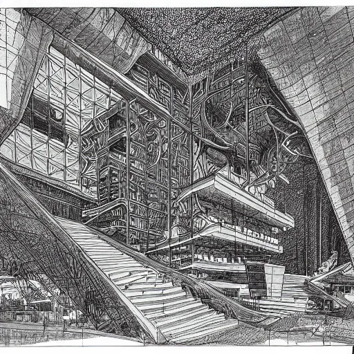 Image similar to an architectural section drawing of an organic cyberpunk building made of vivid organs