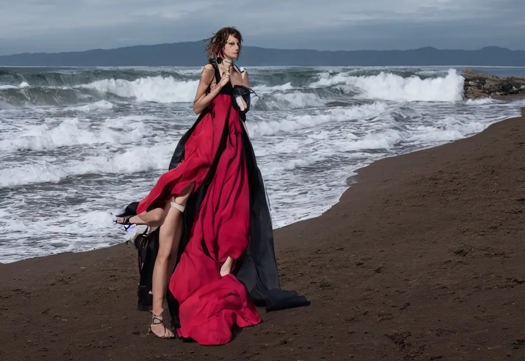 Image similar to fashion editorial in front of giant tsunami waves, on the beach.