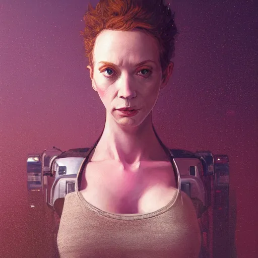 Image similar to highly detailed upper body portrait christina hendricks robot in gta v, stephen bliss, unreal engine, fantasy art by greg rutkowski, loish, rhads, ferdinand knab, makoto shinkai and lois van baarle, ilya kuvshinov, rossdraws, tom bagshaw, global illumination, radiant light, detailed and intricate environment