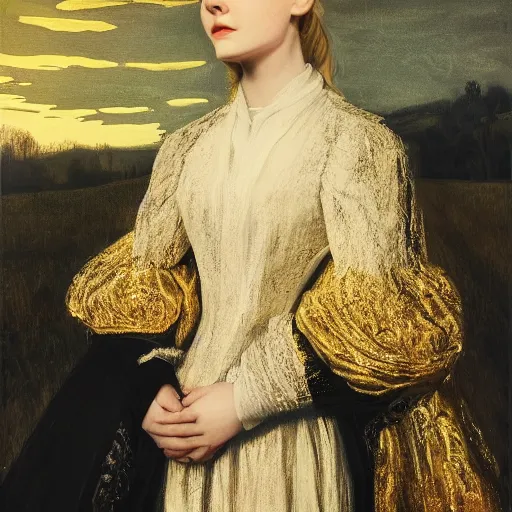 Image similar to Elle Fanning in a black coat, religious masterpiece portrait, oil on canvas, golden hour, in the world of Andrew Wyeth and Bloodborne, artstation, by J. C. Leyendecker and Peter Paul Rubens,