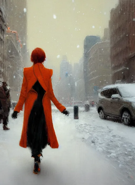 Image similar to back of emma stone in beige coat, orange hair, walking into new york apartment building in winter, artwork by gaston bussiere, craig mullins, trending on artstation