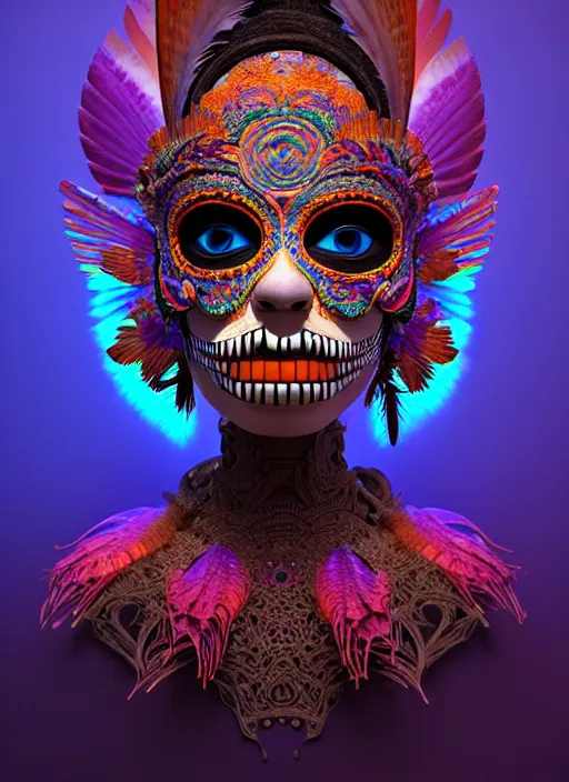 Image similar to 3 d mexican goddess profile portrait. beautiful intricate highly detailed day of the dead mask and feathers. low - key lighting, bioluminescent, plasma, lava, ice, water, wind, creature, tlahuelpuchi, artwork by tooth wu and wlop and beeple and greg rutkowski, 8 k trending on artstation,